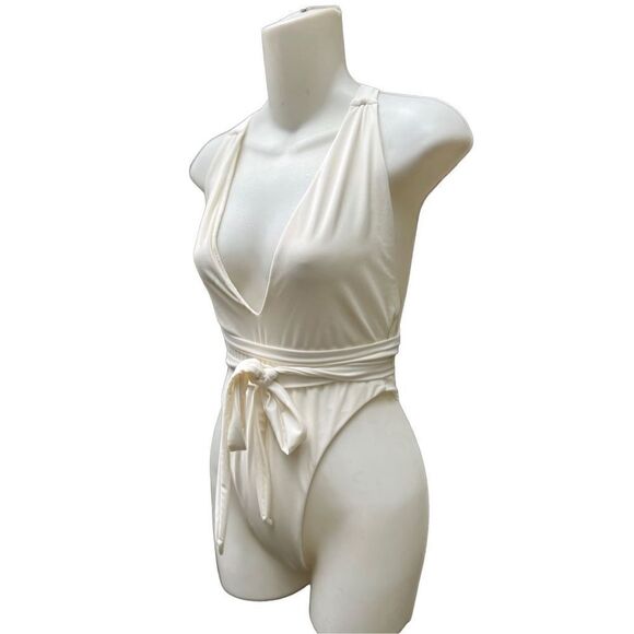 NUDE SWIM DEEP PLUNGE SELF TIE ONE PIECE IVORY CREAM SWIMSUIT NWOT LARGE - Picture 8 of 15
